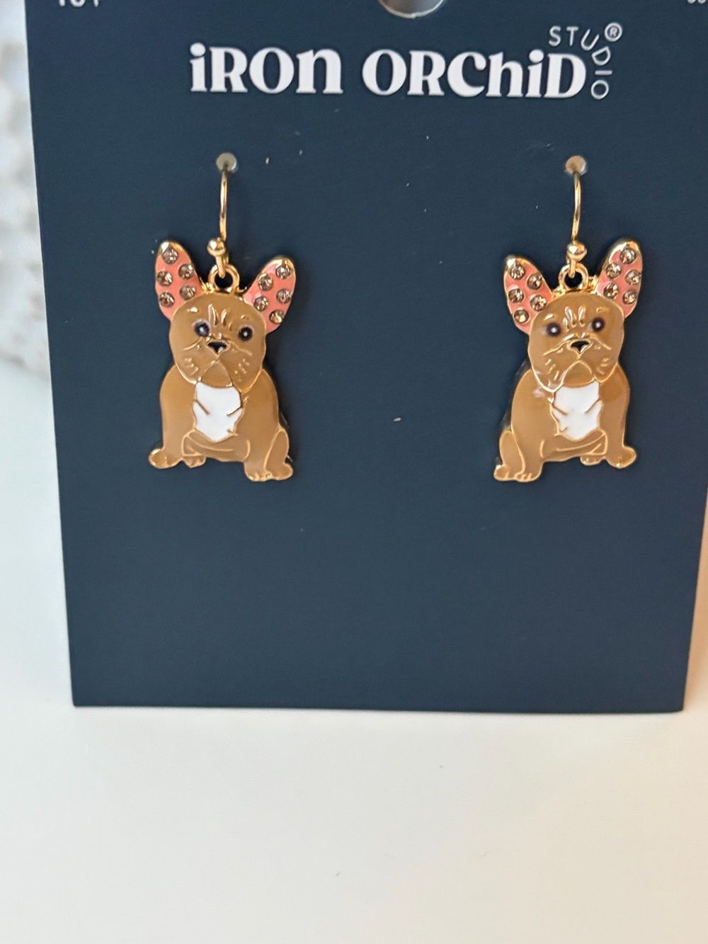 Iron orchid Brown French Bulldog Dog Earrings - Pink-Accented Ears